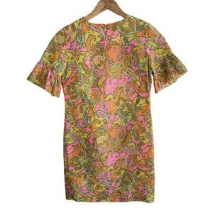 Size S – 1960s Psychedelic Paisley Mod Mini Dress with Ruffle Sleeves